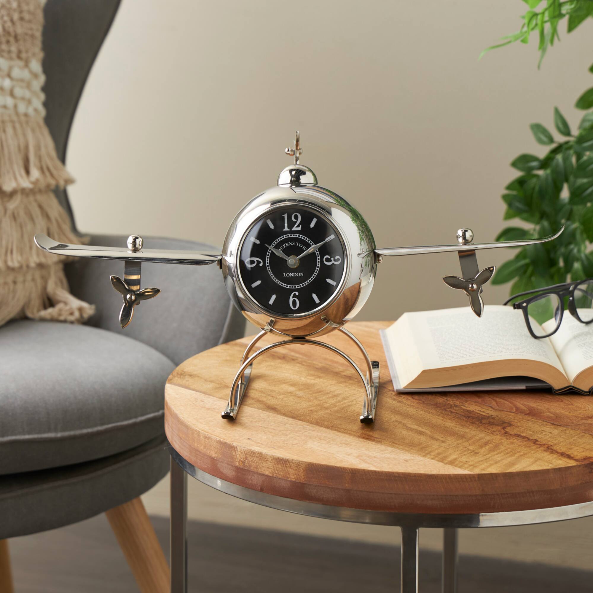 19" Silver Stainless Steel Decorative Airplane Clock